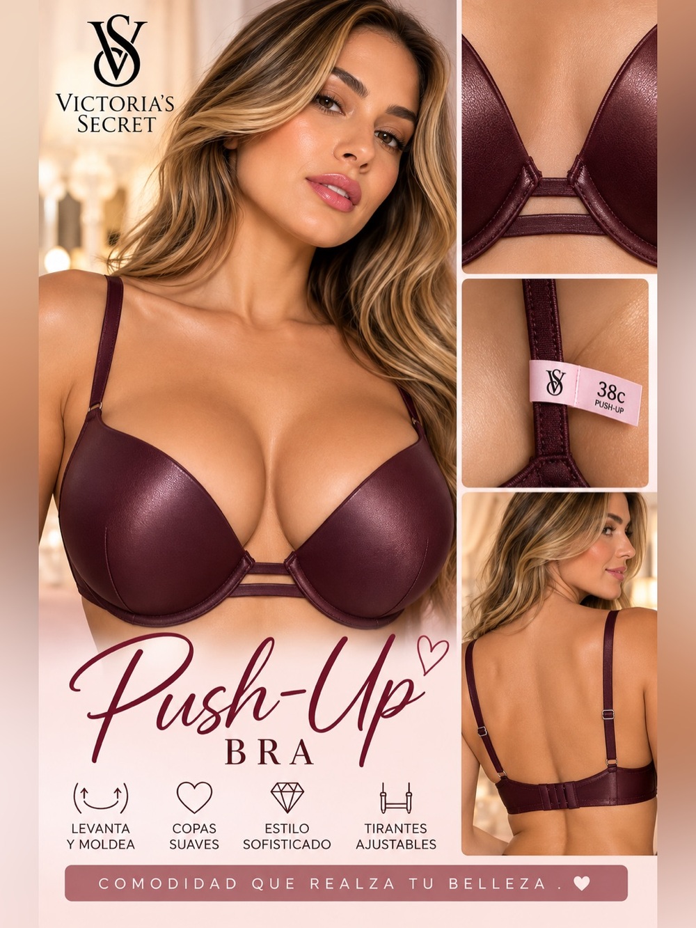Victoria's Secret Smooth Plunge pushup Bra faux leather brown Sz 36C NWT